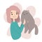 Girl holding big fluffy cat. They are friends, loving cats very much happy pets.  Cat`s  day. Adopt pets. Cartoon vector style