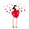 Girl holding big red heart.Valentine`s hearts on love day concept
