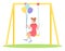 Girl holding bunch of balloons swinging on a slide swing at the playing field. Happy cartoon kid