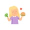 Girl Holding Burger and Broccoli in Her Hands, Girl Preferring to Eat Fast Food Vector Illustration