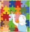 The girl is holding a butterfly on her finger. against the background of puzzles, symbols of autism. vector illustration.