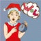 Girl holding clock and waiting for christmas or new year. Watch with 5 minutes to midnight time. Vector illustration in