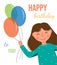 The girl is holding colorful balloons. Holiday scene, birthday.