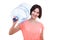 A girl is holding a cooler bottle on her shoulder on a white background