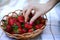 Girl holding an engagement ring near a strawberry