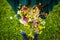 Girl holding in her hand a beautiful bouquet with multi-colored wild flowers. Amazing bunch of wilf flowers in the nature