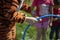 The girl is holding a hoop. The animator plays with the children with a hoop