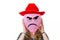 Girl holding pink balloon with angry face and red hat