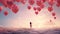 Girl holding pink heart balloon soaring through framed cotton candy clouds