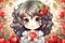 a girl holding a red apple in front of a bunch of apples. generative ai
