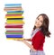 Girl holding stack color book .