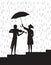 Girl holding the umbrella above a violinist. Music under the rain, black and white, shadow,