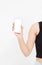 Girl holding white phone. Cellular isolated on white clipping path inside. Top view.Mock up.Copy space.Template.Blank.