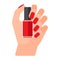 Girl holds bottle of varnish in her hand. Female hands with nail polish. Coat your fingernails with red varnish. Vector