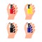 Girl holds bottle of varnish in her hand. Female hands with nail polish. Coat your fingernails with red, yellow, black, blue
