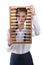 Girl holds in front of abacus