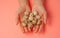 The girl holds in hands a lot of quail eggs. Close up on a pink background with place for text