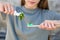 The girl holds a toothbrush with mint in her hand. Selective focus on the mint toothbrush