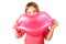 Girl holds toy, inflatable pink lips.