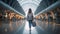 Girl holiday with Backpack Standing in Airport Terminal with luggage