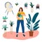Girl at home with a lot of plants. Urban jungle concept vector illustration. Acapulco chair, sansevieria, aloe, monstera
