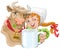 Girl hugging a cow and a farmer holding a cup of milk