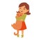 Girl hugging orange cat with joy, smiling, happy pet owner, loving animal care. Warm cartoon moment with domestic feline