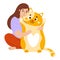 Girl hugs big plush toy cat. Soft anti-stress cuddly oversized pillow toy. woman with comfortable cute animal to sleep