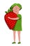 The girl hugs a large strawberry. Character in cartoon style