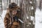 A girl hunter in fur clothes holds a knife stuck in the bark of a tree, because of which she tracks down prey