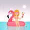 Girl on Inflatable pink flamingo