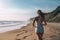 A girl jogging along the seaside. A healthy lifestyle and an effortless way of life. Generative AI