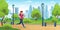 Girl jogging in city park. Active woman run on training, outdoor sport activities and healthy lifestyle cartoon vector