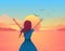 Girl joyfully greets sunset illustration. Beautiful cartoon girl on background of orange sea raises her hands up.
