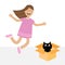 Girl jumping. Gift box with black little cat animal. Happy child jump. Cute cartoon laughing character in dress. Open giftbox.