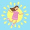Girl jumping isolated. Sun shining icon. Summer time. Happy child jump. Cute cartoon laughing character in violet dress. Smiling
