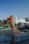 Girl jumping into pool