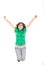 Girl jumping with raised arms up of joy excited isolated on whi