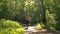 The girl is jumping rope in the park. Young girl doing sports in the forest