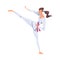 Girl Karateka Doing Powerful Kick, Karate Fighter Character in White Kimono Practicing Traditional Japan Martial Art