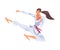 Girl Karateka Jumping Side Kick, Karate Fighter Character in White Kimono Practicing Traditional Japan Martial Art