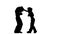 Girl is kicking the guy they are sparring for kickboxing . Silhouette. White background