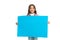 Girl kid hold blank surface copy space. Advertisement concept. Child cute girl happy carries blue paper place for