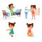 Girl kid morning illustration of cartoon child daily routine activity waking up, washing and physical exercises