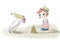 Girl kid with red hair playing on the beach with sand, sandcastle and pelican - Watercolor illustration hand painted isolated on