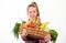 Girl kid rustic style with fall harvest. Child cheerful celebrate harvest holiday vegetables basket. Harvest festival