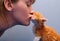 The girl kisses a red kitten