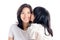 Girl kissing her mother over white background