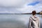 Girl at the lake and rainbow