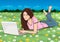 Girl with laptop, cartoon drawing, vector illustration. Brunette woman lies on the stomach on the field with flowers and grass aga